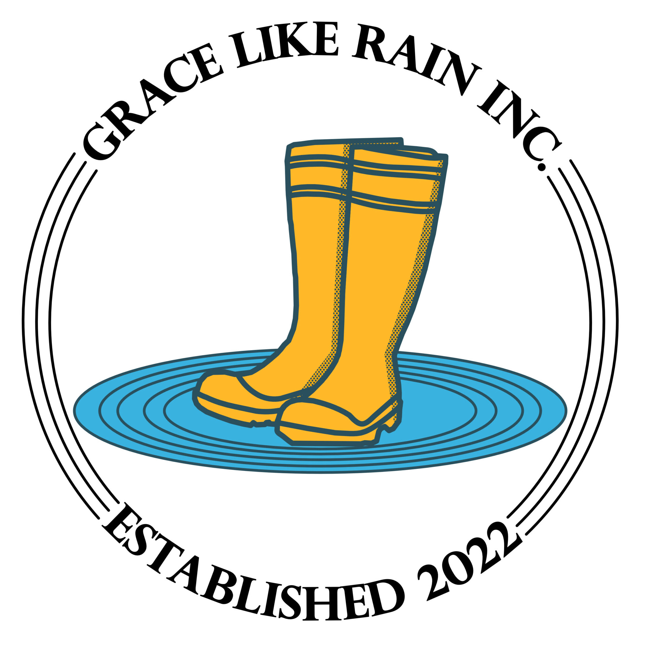 A pair of yellow rainboots stand in a blue circular puddle. The Words "Grace Like Rain Inc." circle the boots in a black font.